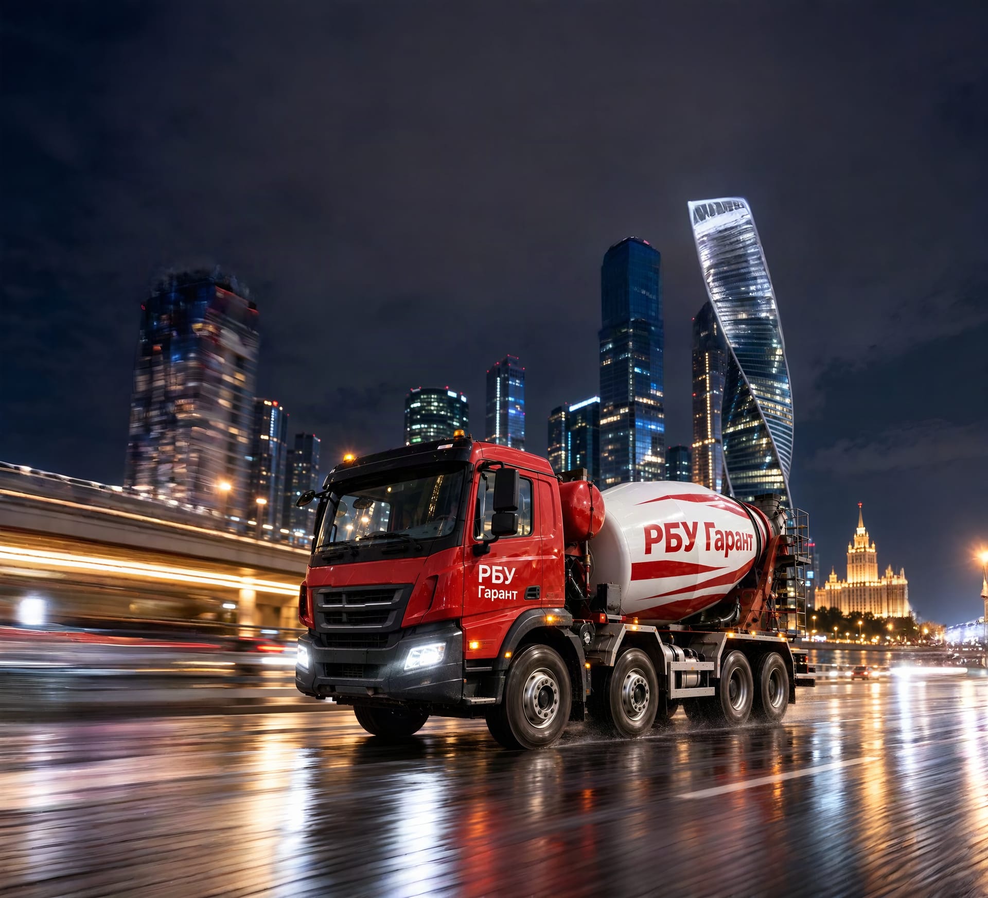 красно-белый миксер РБУ ГАРАНТ на мокрой ночной дороге, позади — башни Москва-Сити