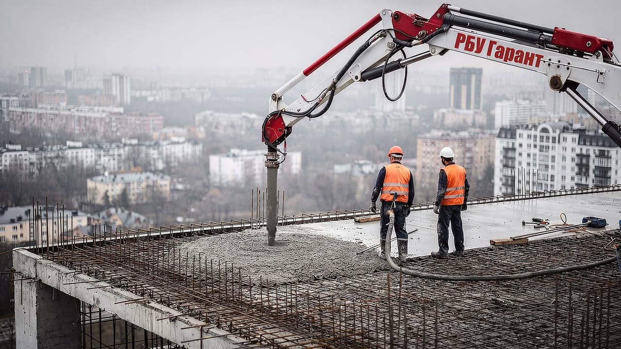 Стреловой бетононасос в цветах РБУ ГАРАНТ подаёт бетон на перекрытие строящейся многоэтажки