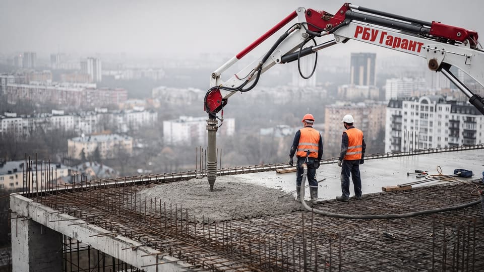 стреловой бетононасос в цветах РБУ ГАРАНТ подаёт бетон на перекрытие строящейся многоэтажки
