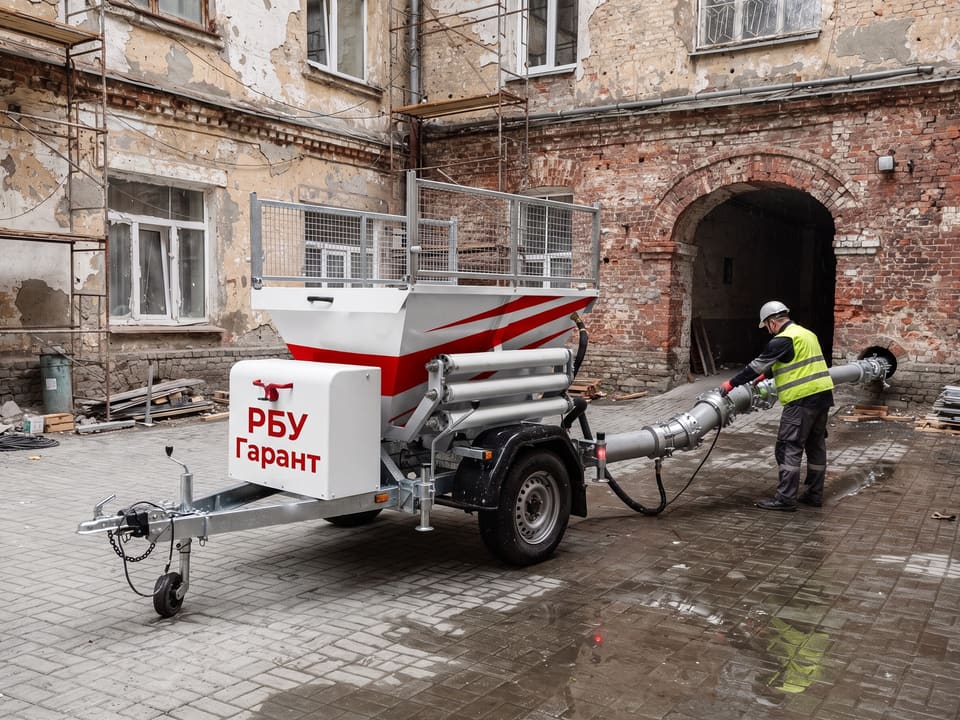 линейный бетононасос в цветах РБУ ГАРАНТ и трубопровод в тесном московском дворе