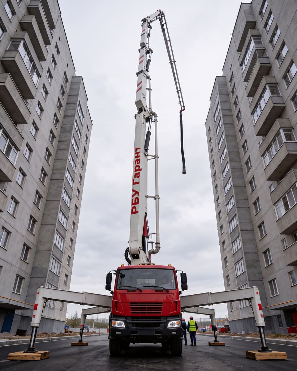 стрела бетононасоса в цветах РБУ ГАРАНТ поднимается между жилыми домами, вид снизу